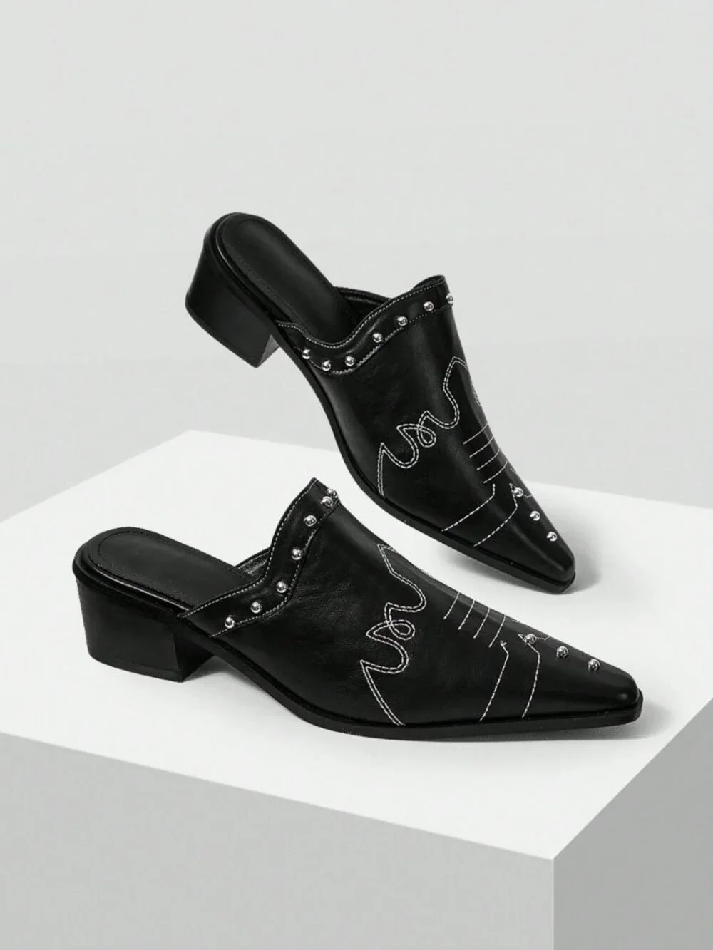 Black Casual Women's Western Studded Decor Pointed Toe High Heel Mules